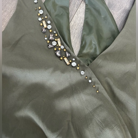 Olive Green Halter Jumpsuit with Rhinestones - Picture 2 of 7